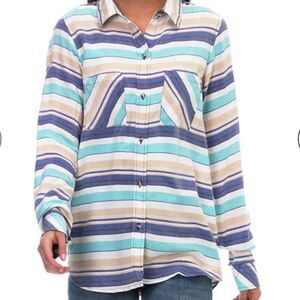 Kavu Britt striped plaid blue and white button long sleeve casual down shirt